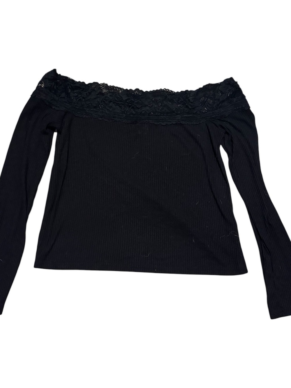 H&M Black Off-Shoulder Lace-Trim Ribbed Long Sleeve Top